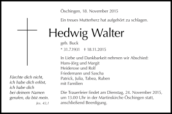 Anzeige von Hedwig Walter von Reutlinger Generalanzeiger