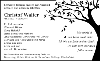 Anzeige von Christof Walter von Reutlinger Generalanzeiger