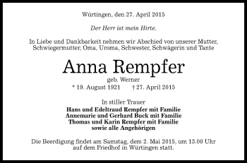 Anzeige von Anna Rempfer von Reutlinger Generalanzeiger