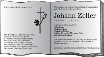 Anzeige von Johann Zeller von Reutlinger Generalanzeiger