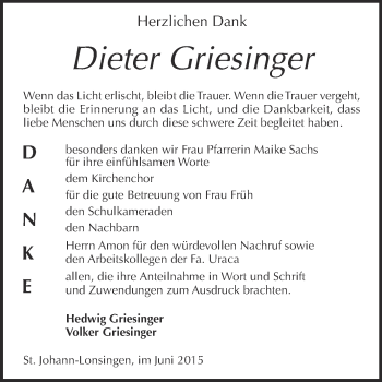 Anzeige von Dieter Griesinger von Reutlinger Generalanzeiger