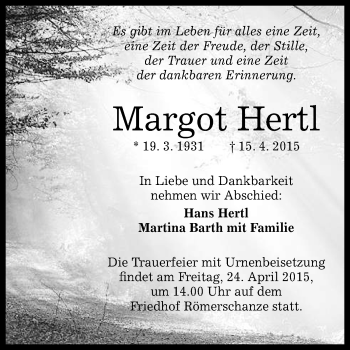 Anzeige von Margot Hertl von Reutlinger Generalanzeiger