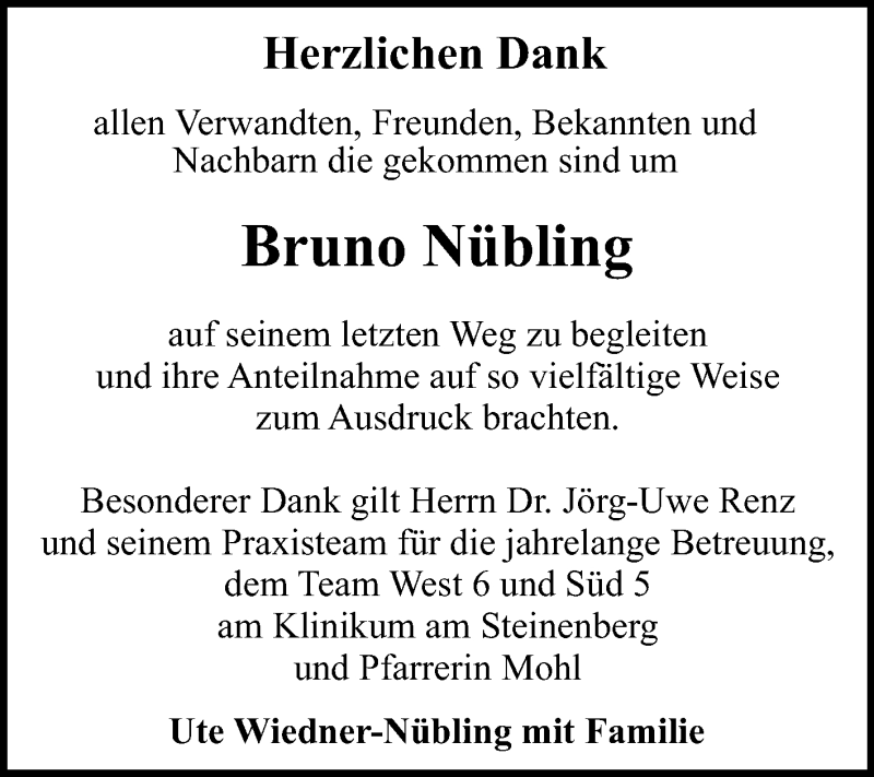  Traueranzeige für Bruno Nübling vom 11.04.2015 aus Reutlinger Generalanzeiger