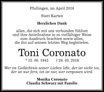 Anzeige von Toni Coronato von Reutlinger Generalanzeiger