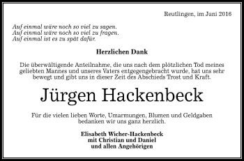 Anzeige von Jürgen Hackenbeck von Reutlinger Generalanzeiger