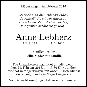 Anzeige von Anne Lebherz von Reutlinger Generalanzeiger