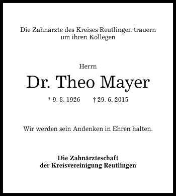 Anzeige von Theo Mayer von Reutlinger Generalanzeiger
