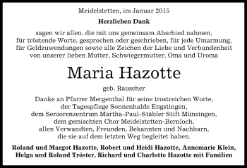 Anzeige von Maria Hazotte von Reutlinger Generalanzeiger