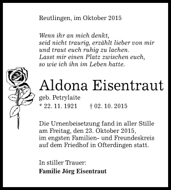 Anzeige von Aldona Eisentraut von Reutlinger Generalanzeiger