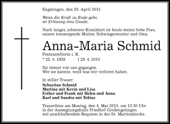 Anzeige von Anna-Maria Schmid von Reutlinger Generalanzeiger