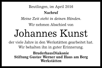 Anzeige von Johannes Kunst von Reutlinger Generalanzeiger