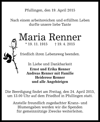 Anzeige von Maria Renner von Reutlinger Generalanzeiger