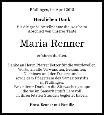 Anzeige von Maria Renner von Reutlinger Generalanzeiger