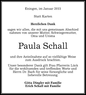 Anzeige von Paula Schall von Reutlinger Generalanzeiger