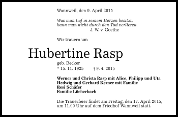 Anzeige von Hubertine Rasp von Reutlinger Generalanzeiger