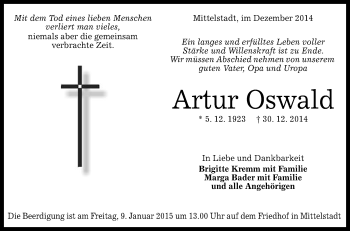 Anzeige von Artur Oswald von Reutlinger Generalanzeiger
