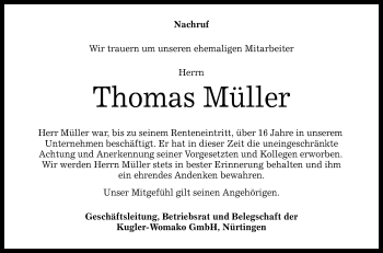 Anzeige von Thomas Müller von Reutlinger Generalanzeiger