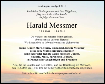 Anzeige von Harald Messmer von Reutlinger Generalanzeiger