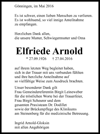 Anzeige von Elfriede Arnold von Reutlinger Generalanzeiger