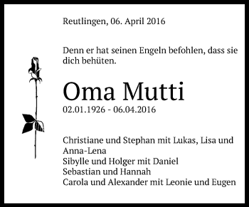 Anzeige von Oma Mutti  von Reutlinger Generalanzeiger
