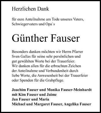 Anzeige von Günther Fauser von Reutlinger Generalanzeiger