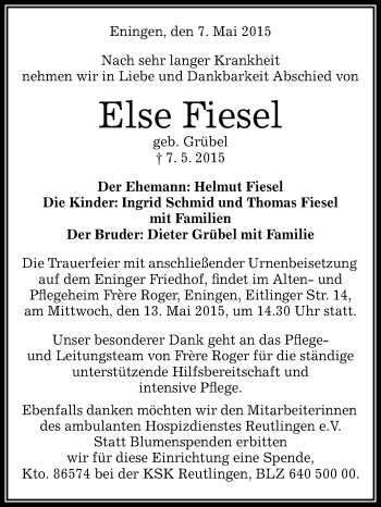 Anzeige von Else Fiesel von Reutlinger Generalanzeiger