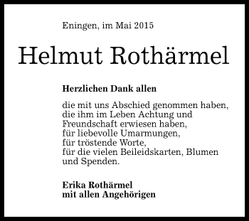 Anzeige von Helmut Rothärmel von Reutlinger Generalanzeiger
