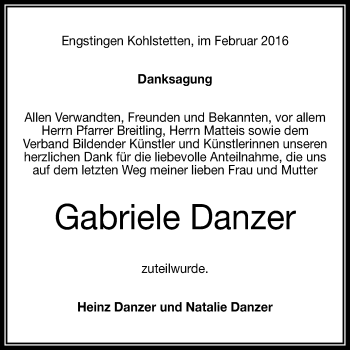 Anzeige von Gabriele Danzer von Reutlinger Generalanzeiger