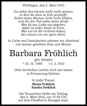 Anzeige von Barbara Fröhlich von Reutlinger Generalanzeiger