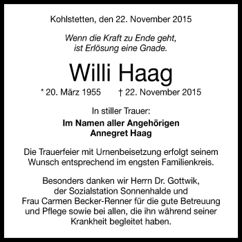 Anzeige von Willi Haag von Reutlinger Generalanzeiger