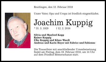 Anzeige von Joachim Kuppig von Reutlinger Generalanzeiger