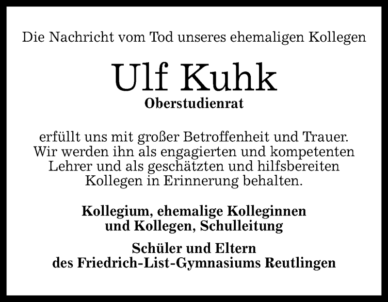  Traueranzeige für Ulf Kuhk vom 19.01.2016 aus Reutlinger Generalanzeiger