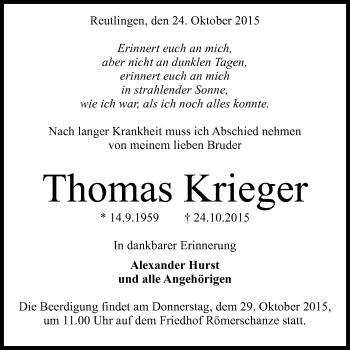 Anzeige von Thomas Krieger von Reutlinger Generalanzeiger