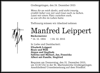 Anzeige von Manfred Leippert von Reutlinger Generalanzeiger