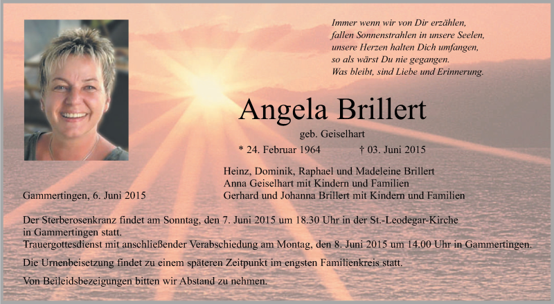  Traueranzeige für Angela Brillert vom 06.06.2015 aus Reutlinger Generalanzeiger