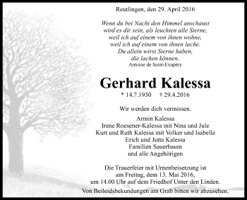 Anzeige von Gerhard Kalessa von Reutlinger Generalanzeiger