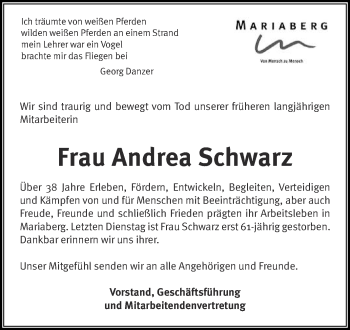 Anzeige von Andrea Schwarz von Reutlinger Generalanzeiger