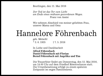 Anzeige von Hannelore Föhrenbach von Reutlinger Generalanzeiger