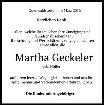 Anzeige von Martha Geckeler von Reutlinger Generalanzeiger