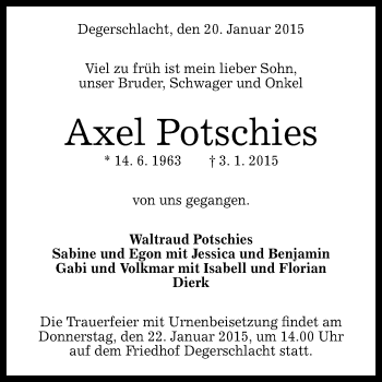 Anzeige von Axel Potschies von Reutlinger Generalanzeiger