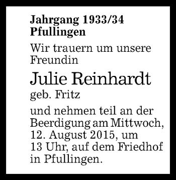 Anzeige von Julie Reinhardt von Reutlinger Generalanzeiger