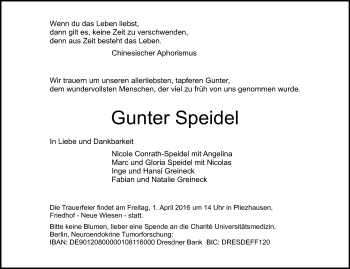 Anzeige von Gunter Speidel von Reutlinger Generalanzeiger