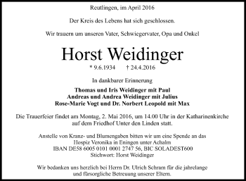 Anzeige von Horst Weidinger von Reutlinger Generalanzeiger