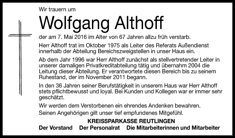  Traueranzeige für Wolfgang Althoff vom 11.05.2016 aus Reutlinger Generalanzeiger