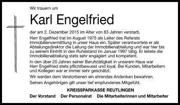 Anzeige von Karl Engelfried von Reutlinger Generalanzeiger