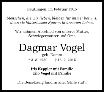Anzeige von Dagmar Vogel von Reutlinger Generalanzeiger