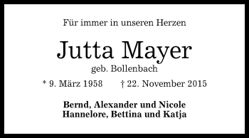 Anzeige von Jutta Mayer von Reutlinger Generalanzeiger