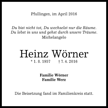 Anzeige von Heinz Wörner von Reutlinger Generalanzeiger