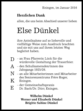Anzeige von Else Dünkel von Reutlinger Generalanzeiger