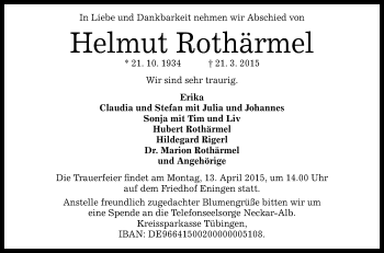 Anzeige von Helmut Rothärmel von Reutlinger Generalanzeiger